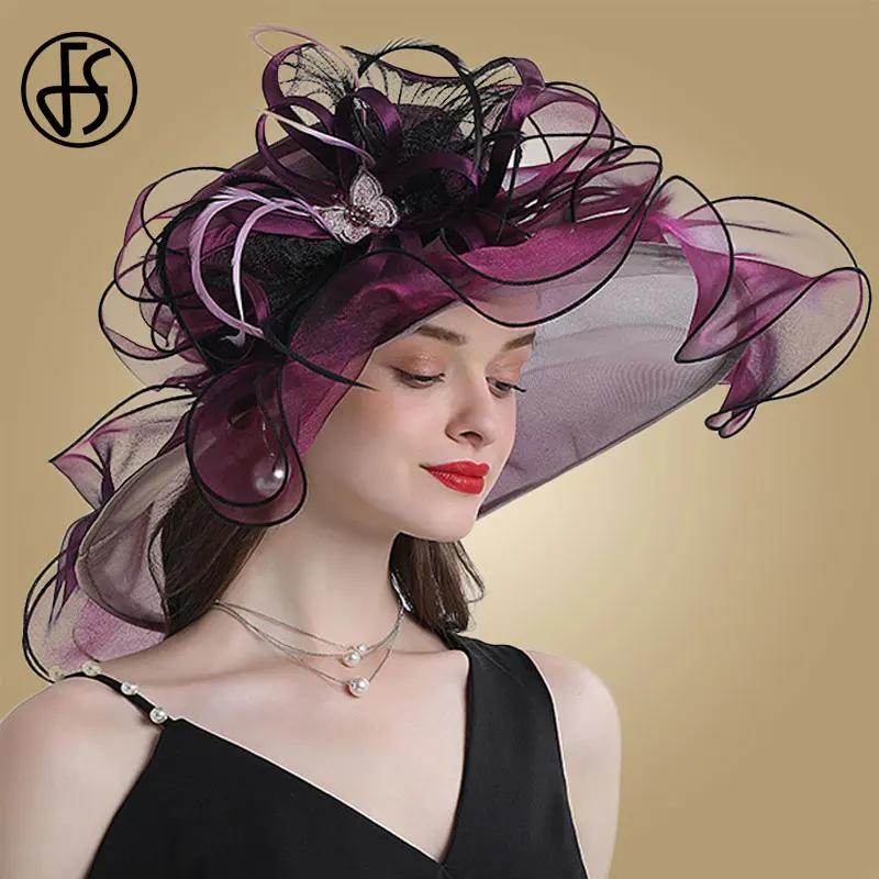 FS Cappelli Fascinators a tesa larga grande per donna Cappelli da sole bianchi in organza da donna Fiore Matrimonio Tea Party Cappello Fedora da chiesa del Kentucky