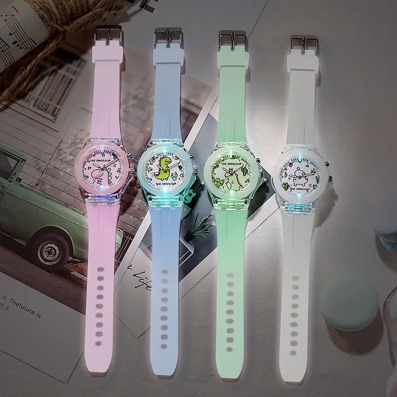 Cartoon Dinosaurier Muster Kinder Uhr Leuchtende kinder Quarzuhr Casual Silikon Band Nette Jungen Mädchen Armbanduhren Uhr Image