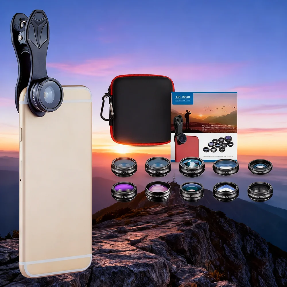 APEXEL Neues 10-in-1 Smartphone-Kameraobjektiv-Set Fisheye Weitwinkel Makro-Objektiv Teleskop-Objektiv CPL-Filter Flow-Objektiv für Smartphones