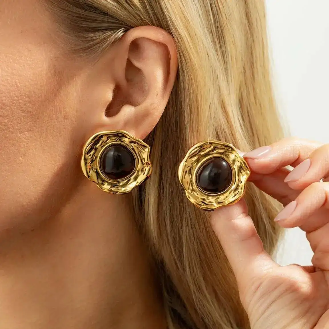 KunJoe Vintage Intarsien Harz Große Runde Ohrstecker für Frauen Elegante Unregelmäßige Geometrische Gold Farbe Ohrringe Schmuck Zubehör