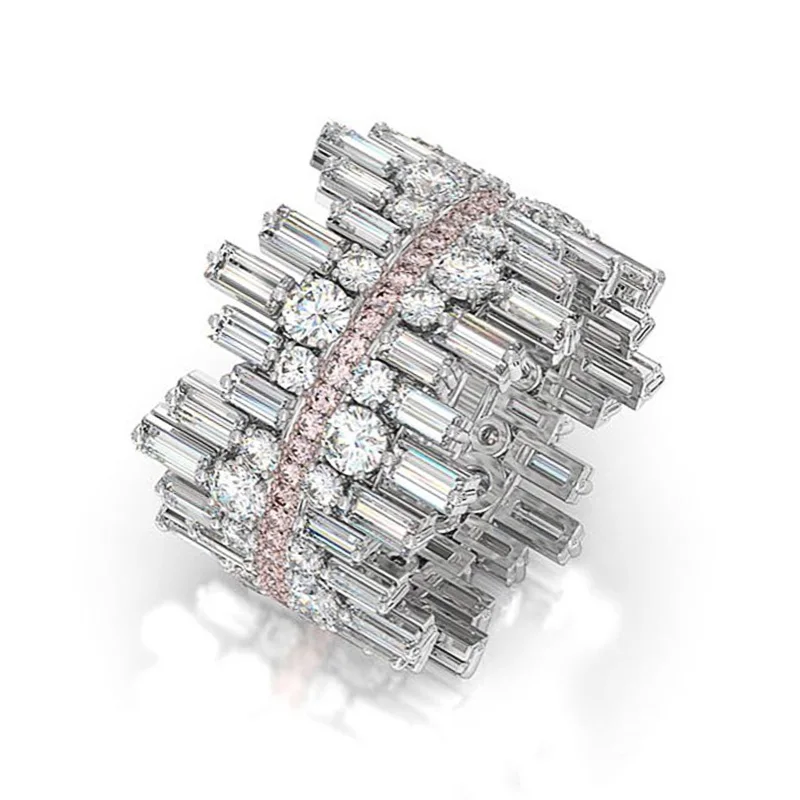 Huitan Wunderschöner silberfarbener Zirkonia-Hochzeitsring für Frauen, Persönlichkeit, Unregelmäßigkeit, Design, trendiger Schmuck, Größe 6–10 Image