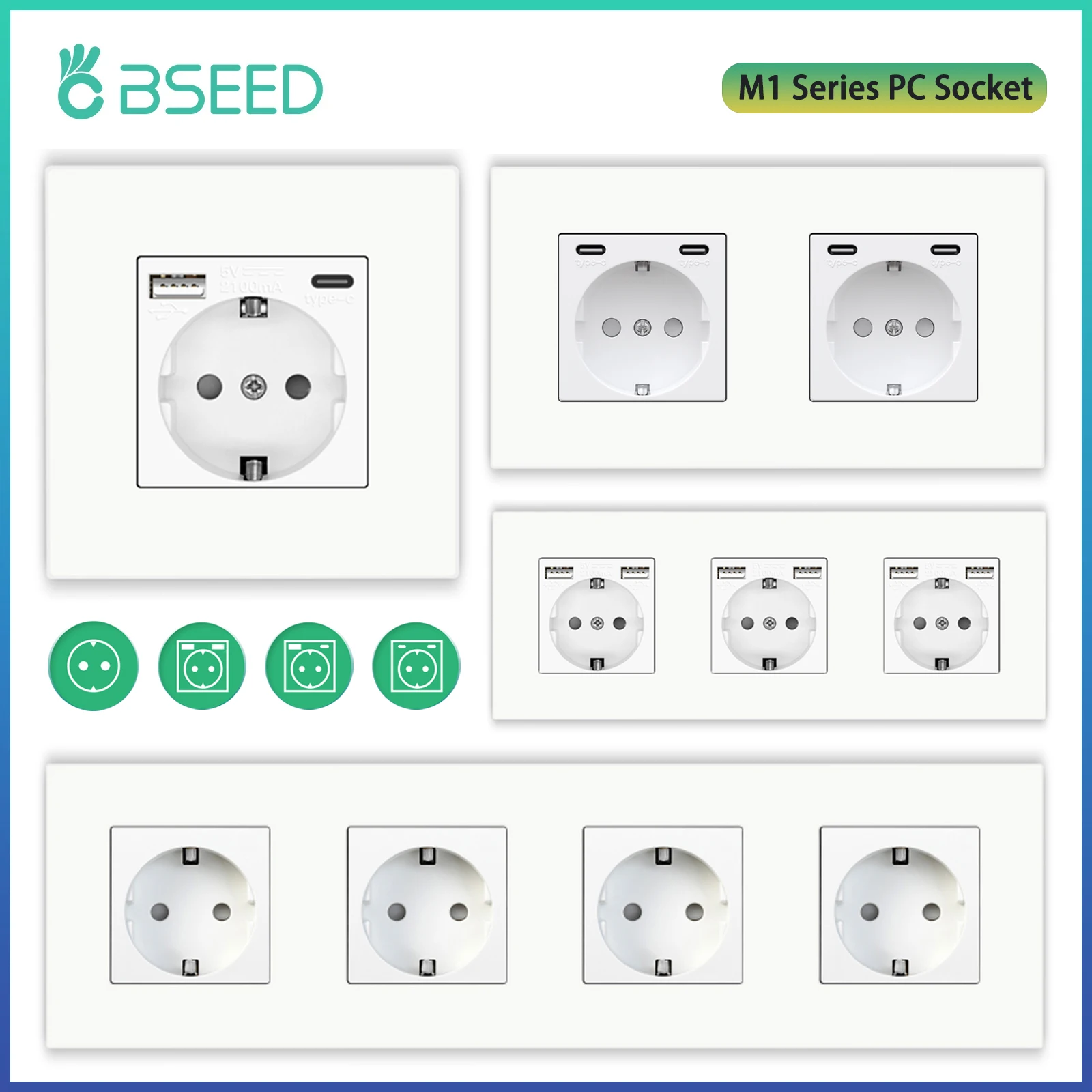 BSEED M1-Serie EU-Wandsteckdose, USB-Typ-C-Anschlusssteckdosen, doppelte Kunststoffrahmen-Steckdosen, dreifache Netzstecker, Kinderschutz, 16 A Image