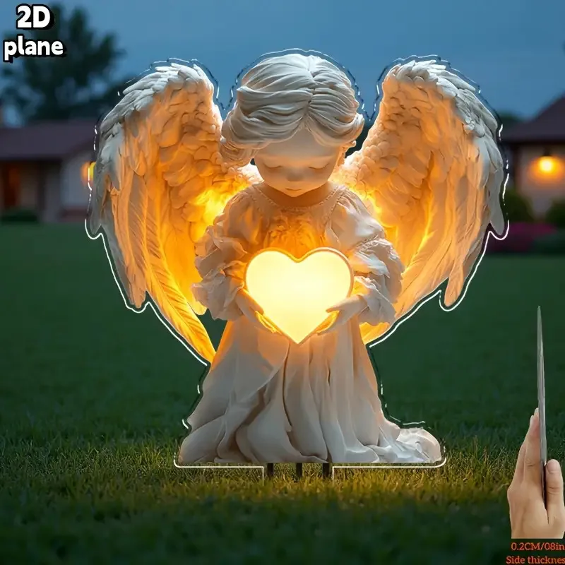 Angel Heart Garden Stake 2DAcrylic Yard Sign Garden Accessory Landscape Novelty Artwork Plaque Cherubs DIY Deco for Outdoor Lawn