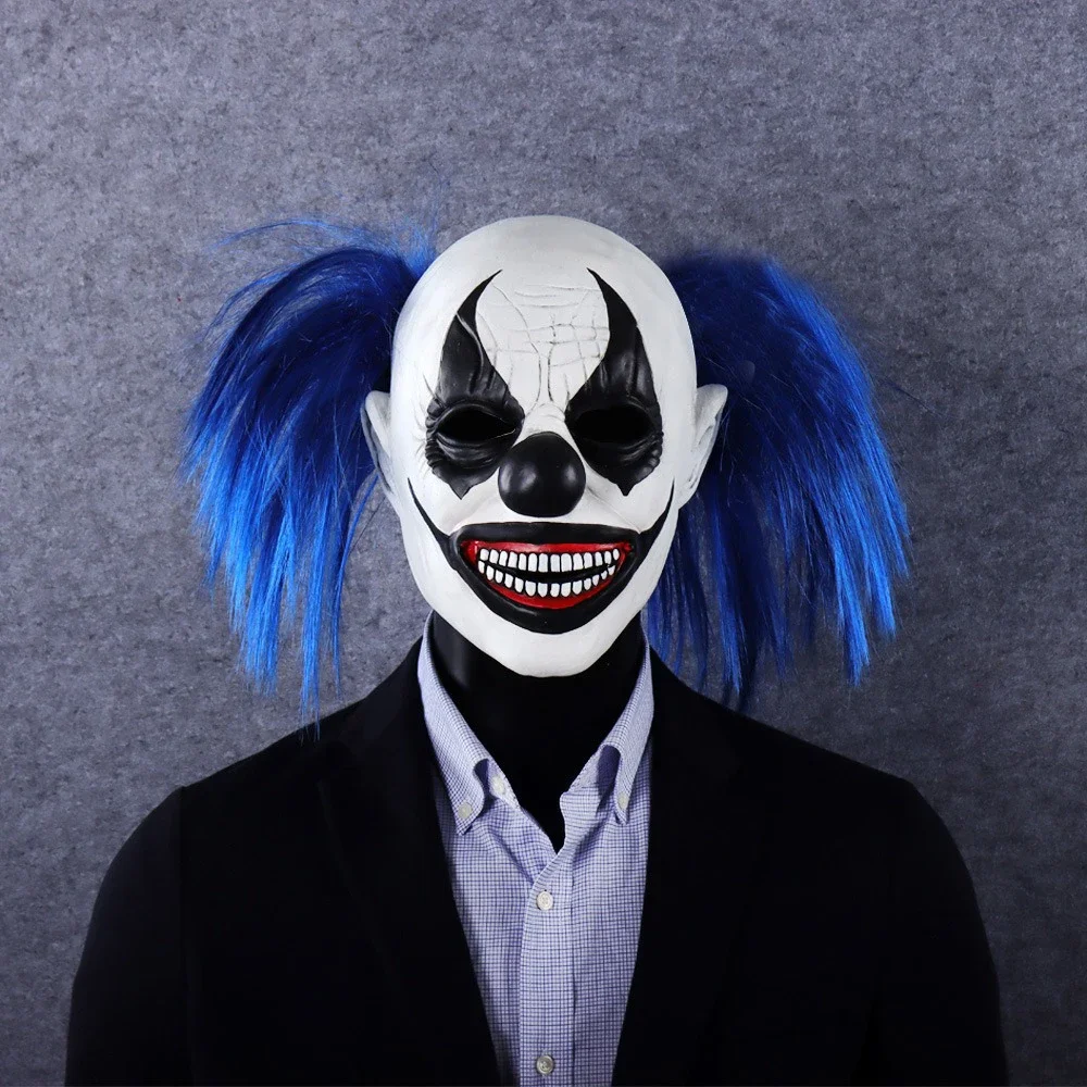 Halloween Joker Schädel Maske Kopfschmuck Cosplay Horror Blau Haar Clown Dämon Mörder Latex Masken Karneval Purim Party Kostüm Requisiten Image