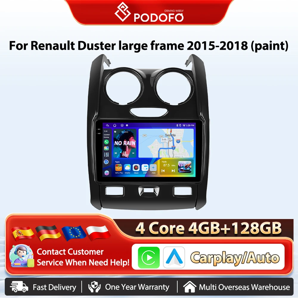 Podofo 8-Kern Drahtlose CarPlay Multimedia Auto Radio Für Renault Duster großen rahmen 2015-2018 Android AI Stimme GPS Auto Autoradio Image