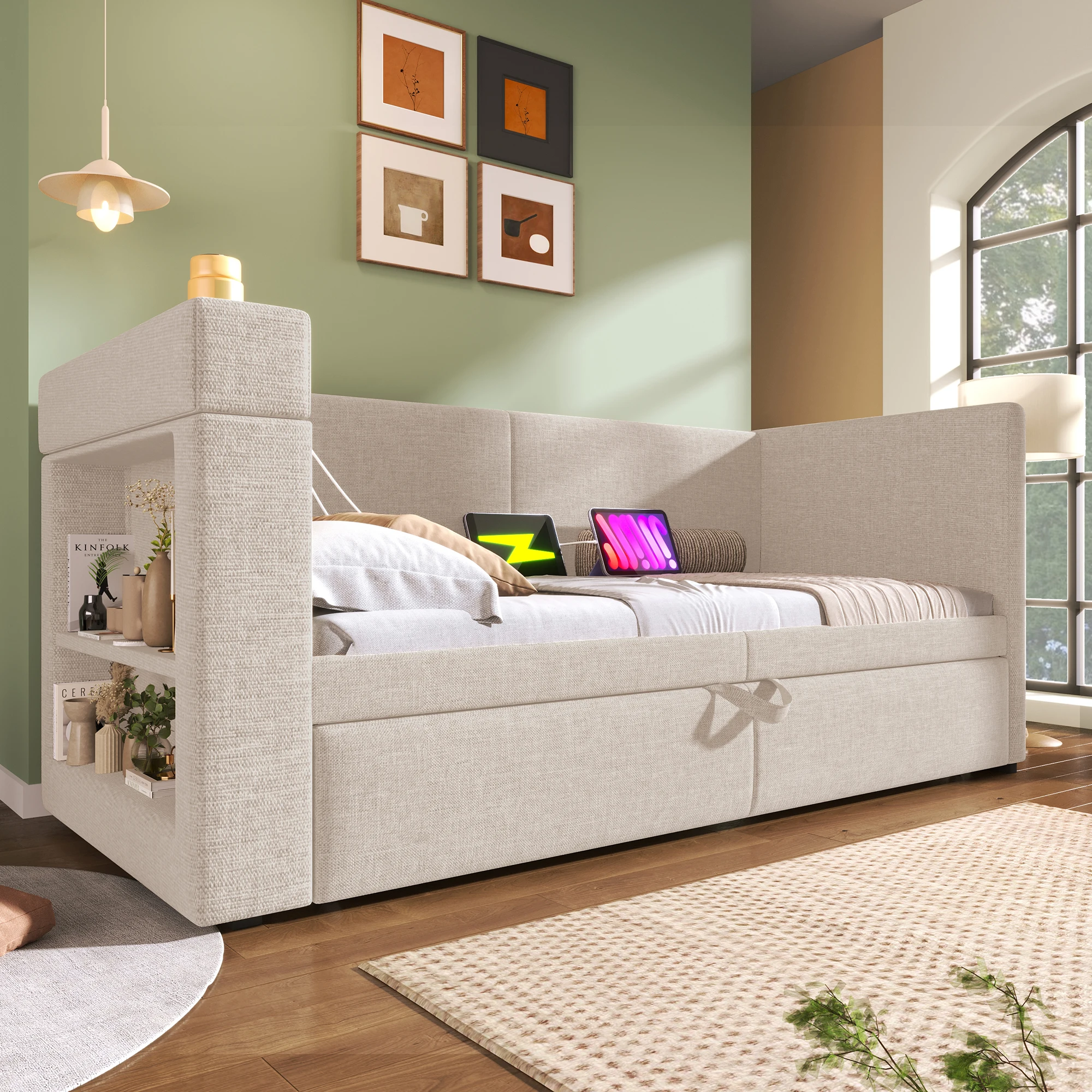 KOMHTOM Daybett 90x200 cm, Armlehnen (USB- & Type-C-Ladeanschluss, Getränkehalter), Leinen-Mischgewebe, ohne Matratze Image