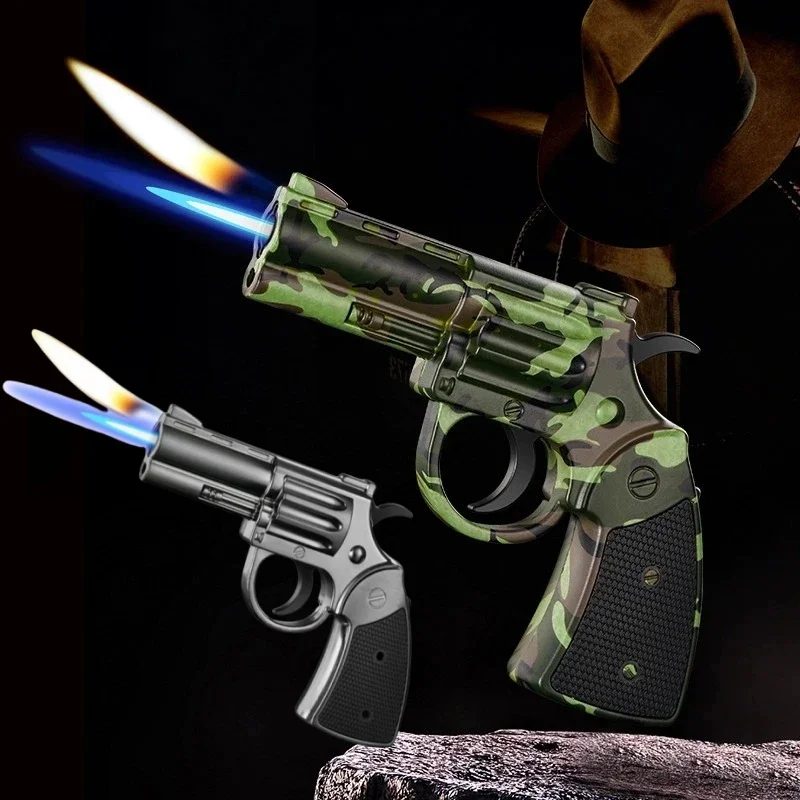 Metall Dual Flame Gun Typ Aufblasbares Feuerzeug Winddicht Outdoor Jet Flame Tragbares Feuerzeug Zigarettenzubehör Geschenk für Männer Image