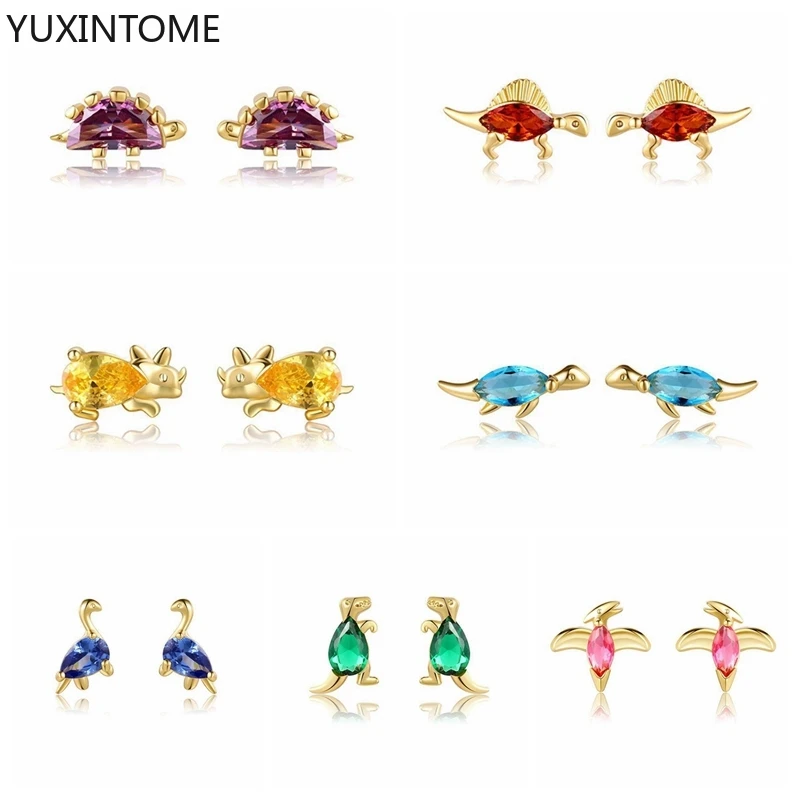 Viele Stile Dinosaurier Ohrringe 925 Sterling Silber Ohr Nadel Stud Ohrringe für Frauen Minimalistischen Bunte CZ Tiere Ohrringe Image