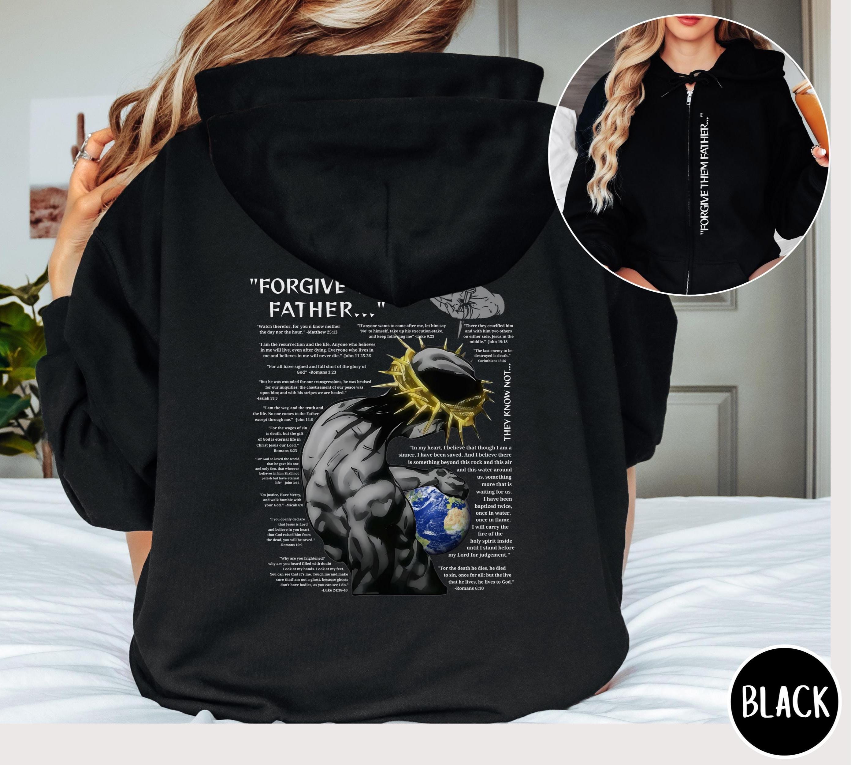 "Felpa con cappuccio e zip \"Perdonali Padre\" - Felpa cristiana unisex, felpa con cappuccio con cerniera completa, giacca religiosa con cerniera, uomo e"