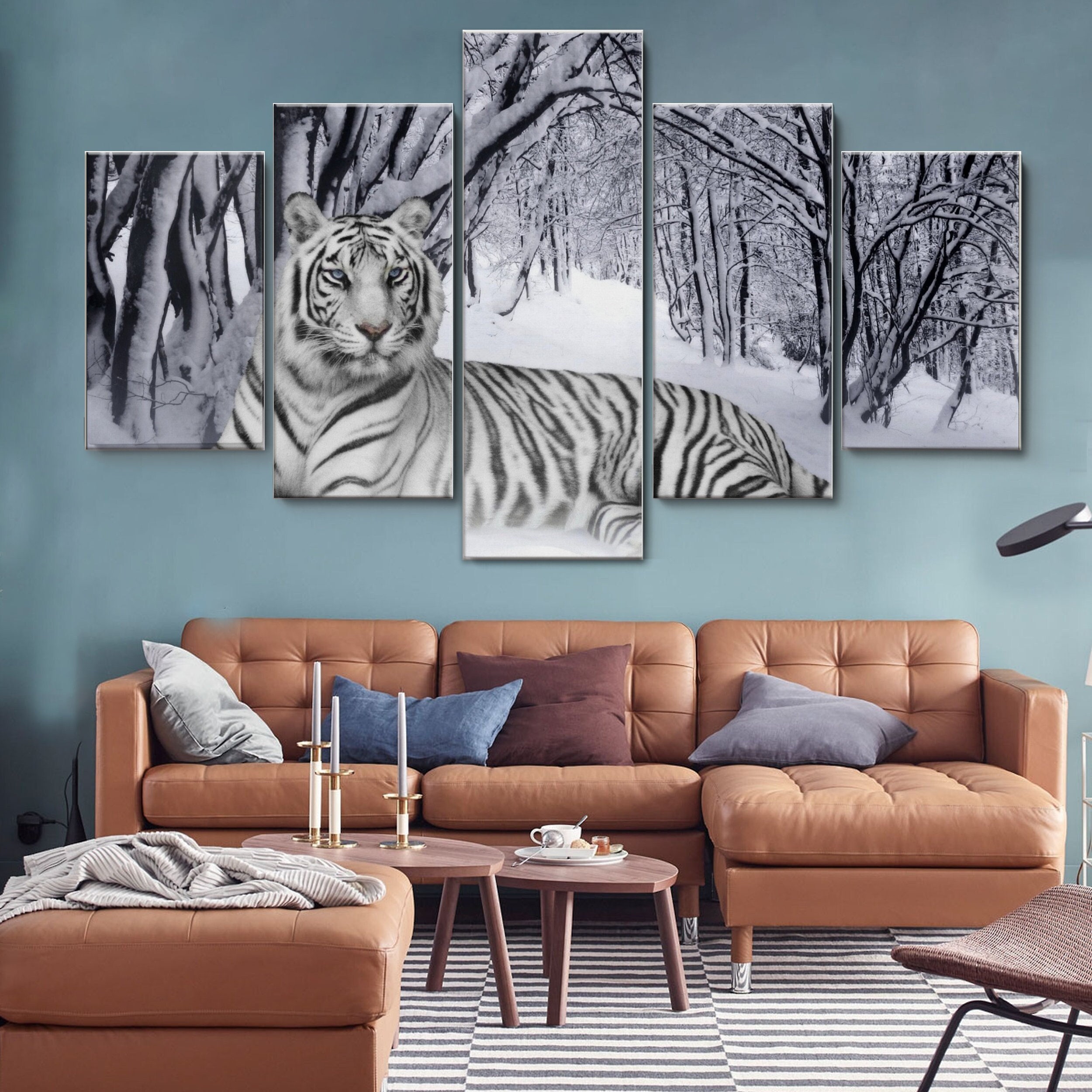 White Tiger in Snow Forest 5 Piece Canvas Wall Art, Large Framed Wall Art, Extra Large Framed Wall Art, Wall Art Framed Modern Abstract