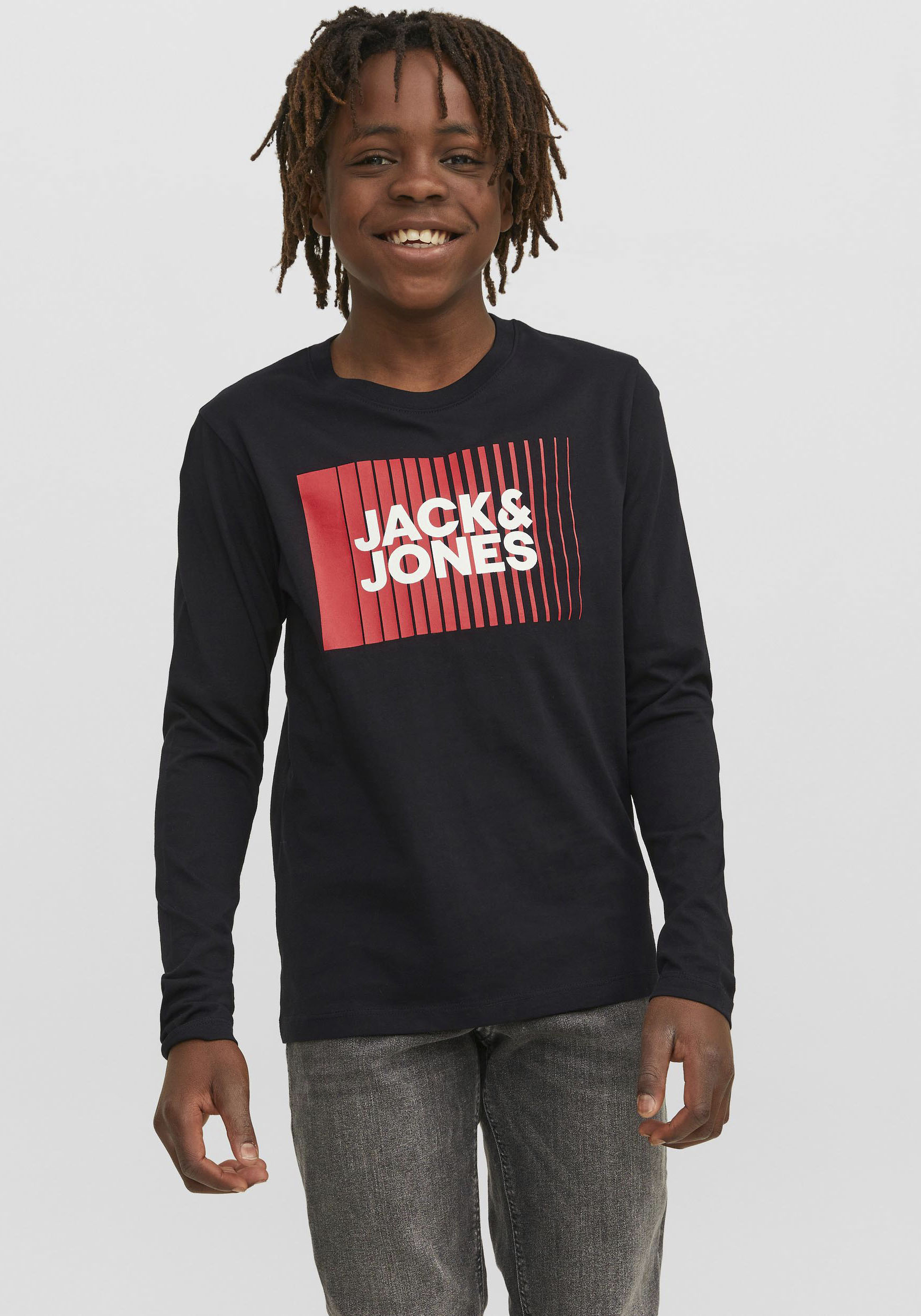 Langarmshirt JACK & JONES JUNIOR "JJECORP stylisch, bequem, atmungsaktiv, pflegeleicht", Jungen, Gr. 176, schwarz, Jersey, Obermaterial: 100% Baumwolle, bedruckt, regular fit normal, Rundhals, Shirts Langarmshirt, bedruckt, casual, regular fit,...