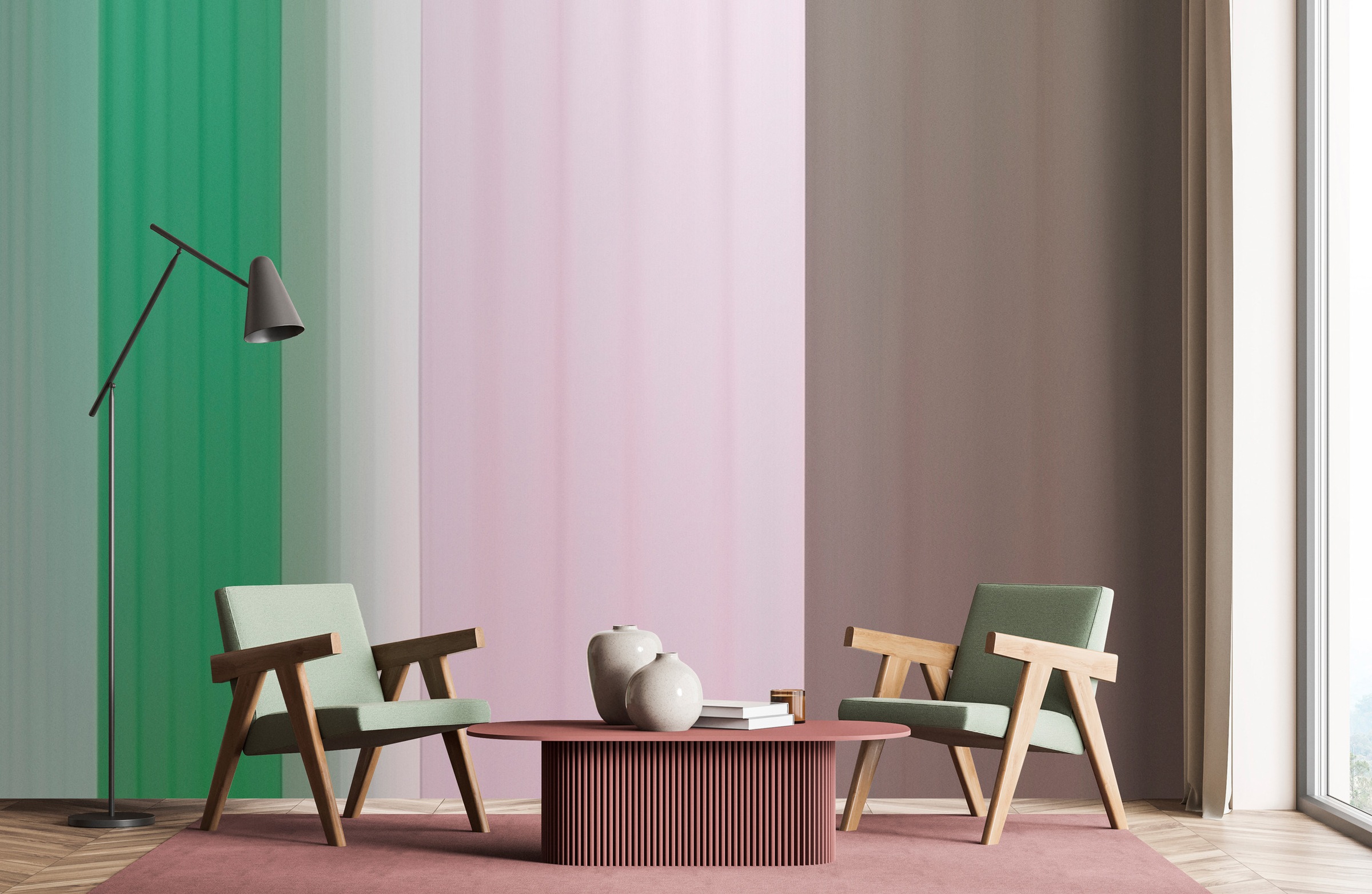 Vliestapete LIVING WALLS "Fototapete Farbverlauf Streifen Modernes Design", grün, B:2,7m H:0,02m L:4m, Vlies, Tapeten