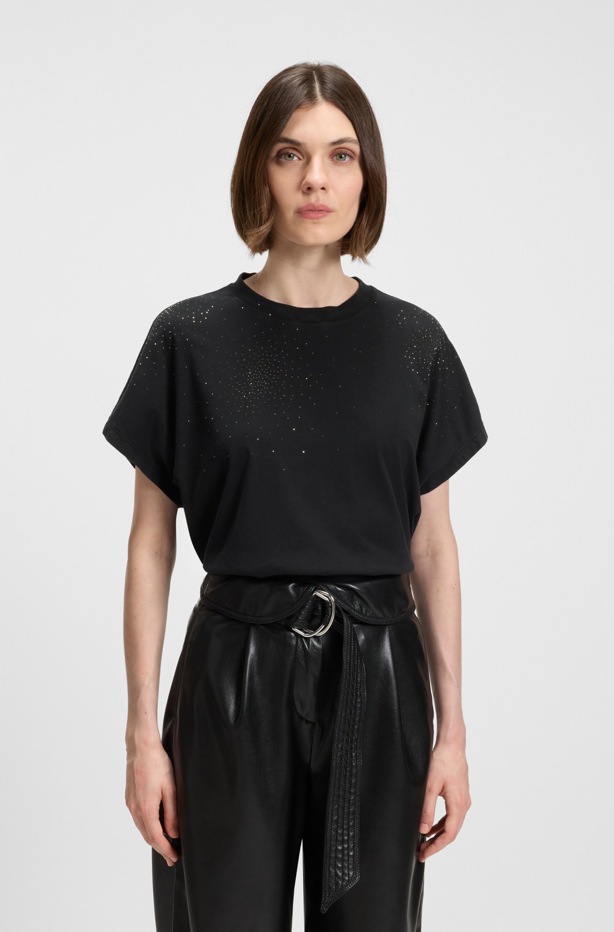 T-Shirt BOSS ORANGE "Emason Hotfix Premium Damenmode", Damen, Gr. S (36), schwarz 002, Single Jersey, Obermaterial: 100% Baumwolle, unifarben, oversize normal, Rundhals, weit, Shirts T-Shirt, Oversized Fit mit Rundhals, Glitzer-Applikation