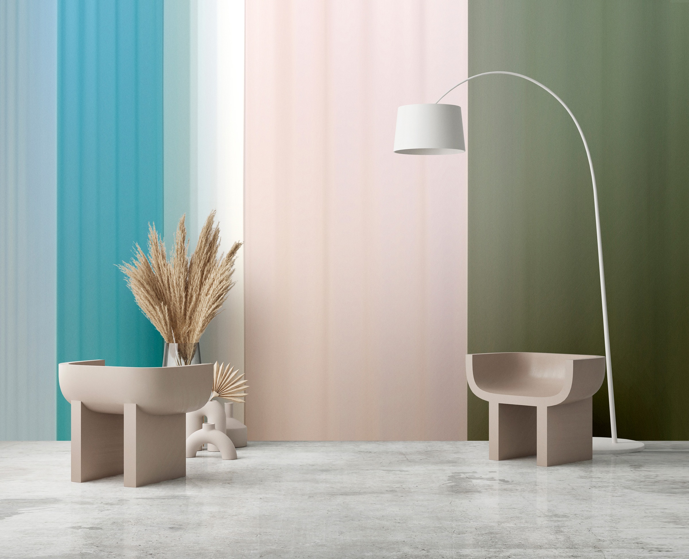 Vliestapete LIVING WALLS "Fototapete Farbverlauf Streifen Modernes Design", türkis, B:2,7m H:0,02m L:4m, Vlies, Tapeten