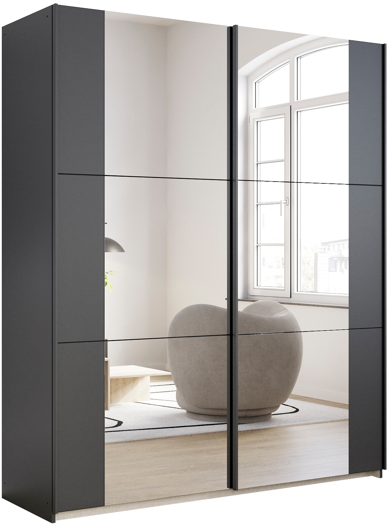 Schwebetürenschrank RAUCH "Kleiderschrank Drehtürenschrank Schrank Garderobe KRONACH TOPSELLER", grau (graumetallic, griffleisten grau, 2 spiegel), B:175cm H:210cm T:59cm, Holzwerkstoff, Schränke, Schwebetürenschrank, mit Spiegel und viel Stauraum,...