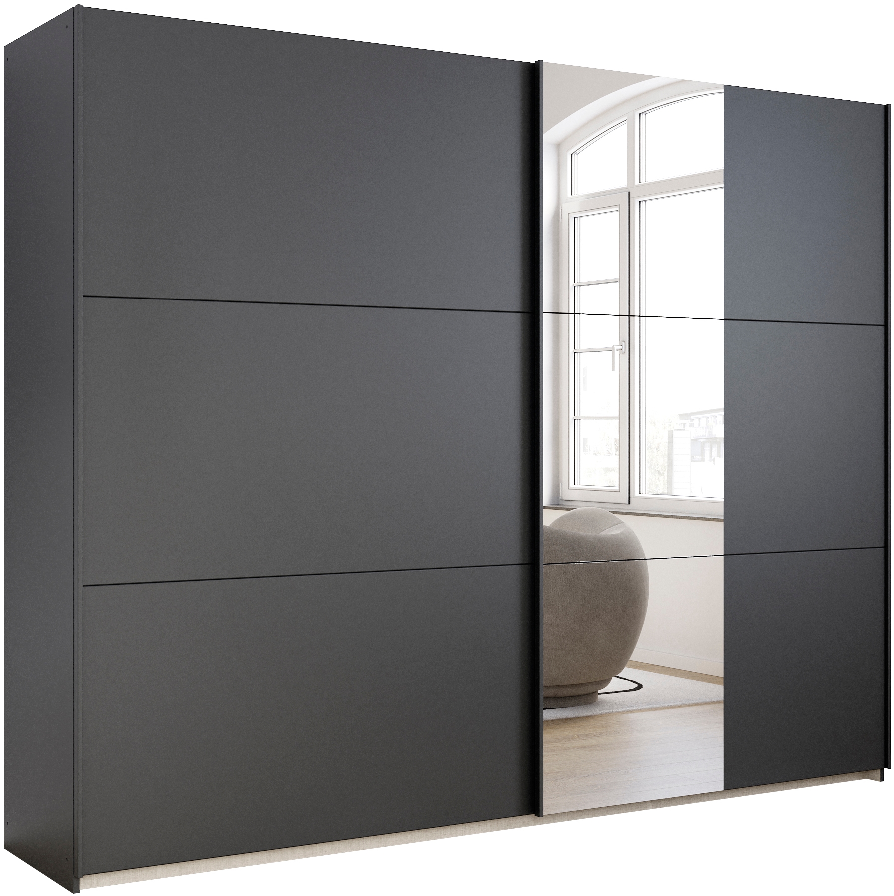 Schwebetürenschrank RAUCH "Kleiderschrank Drehtürenschrank Schrank Garderobe KRONACH TOPSELLER", grau (graumetallic, griffleisten grau, 1 spiegel), B:261cm H:210cm T:59cm, Holzwerkstoff, Schränke, Schwebetürenschrank, mit Spiegel und viel Stauraum,...