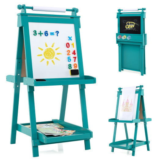 Costway 3-in-1 Double-sided Art Easel with Chalkboard and Magnetic Whiteboard-Green