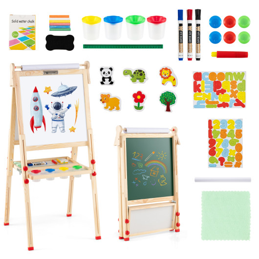 Costway 3-in-1 Double-Sided Folding Wooden Kids Art Easel with Paper Roll