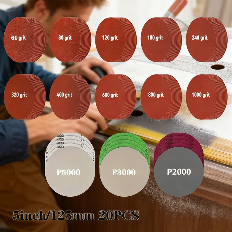 20 Stück 5-Zoll-Schleifscheiben mit Klettverschluss, 60–2000, verschiedene Körnungen, Siliziumkarbid, hohe Körnung, runde Beflockung, Schleifpapier Image