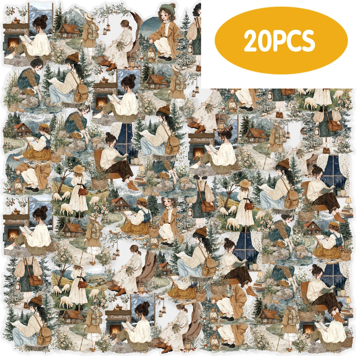 Etori Life Mountain Listening Girl Scenery Pattern Pet Sticker Pack für Scrapbooking-Zubehör, Notizbücher, Telefonaufkleber, Geschenkbox-Verpackung, Raumdekoration, Studenten-Briefpapier, Image