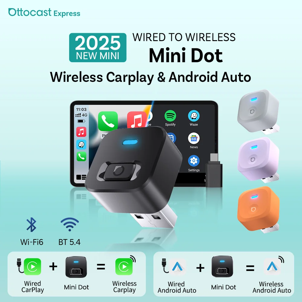 Ottocast Mini 2 Wireless Carplay Adapter Android Auto Wireless Wi-Fi6 BT5.4 Dual Channel Plug & Play Auto Switch 2-Telefone-Dongle Image