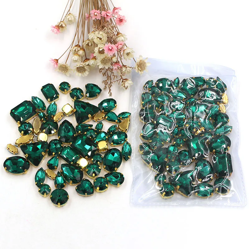 50 pz/borsa di alta qualità di figura mista Malachite Verde cristallo di vetro sew su gold strass artiglio fai da te accessori di abbigliamento