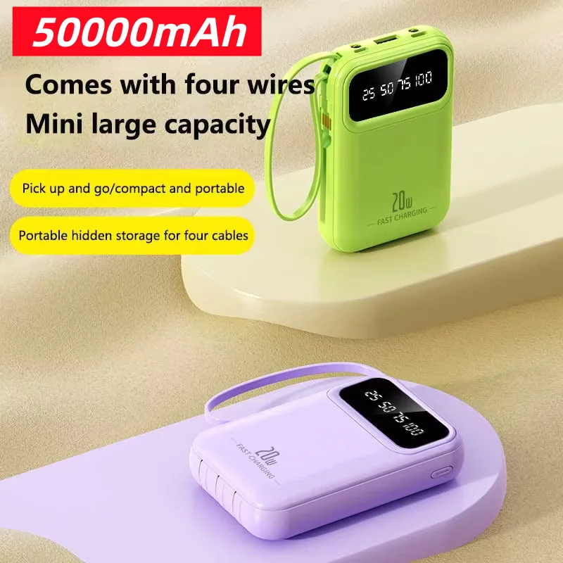 50000mAh 4 in1 Cavo integrato Power Bank Caricatore portatile a ricarica rapida Batteria esterna ultra sottile per iPhone Samsung Xiaomi
