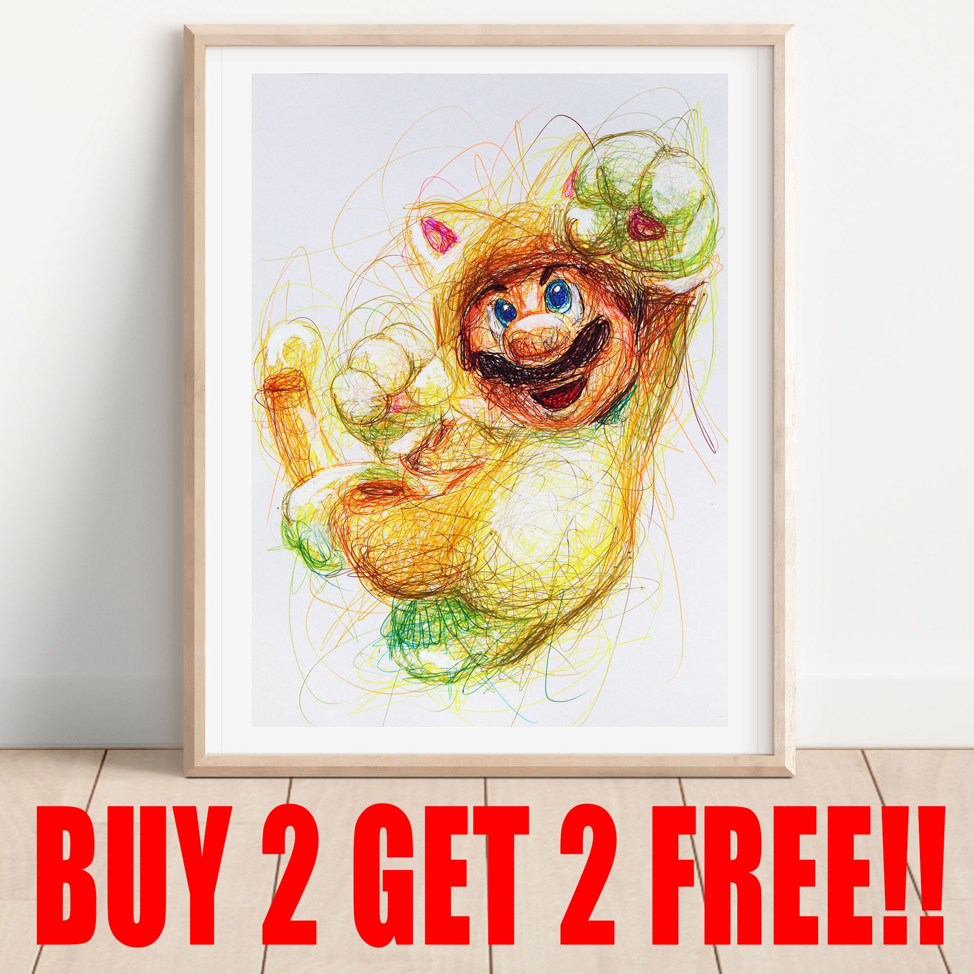 Stampa con penna a sfera Mario Cat Suit, Acquista 2 Ottieni 2 GRATIS, Stampa artistica di Super Mario, Grafica del videogioco, Stampa artistica di Nin