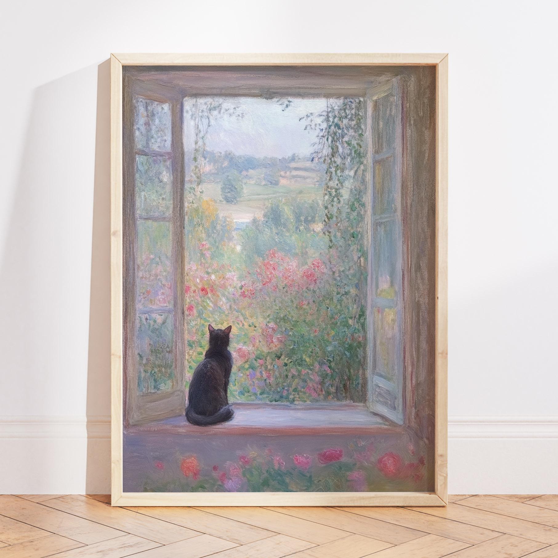 Stampa a olio di fiori selvatici pastello di Monet, arte murale di un giardino di campagna francese, arte di un gatto nero