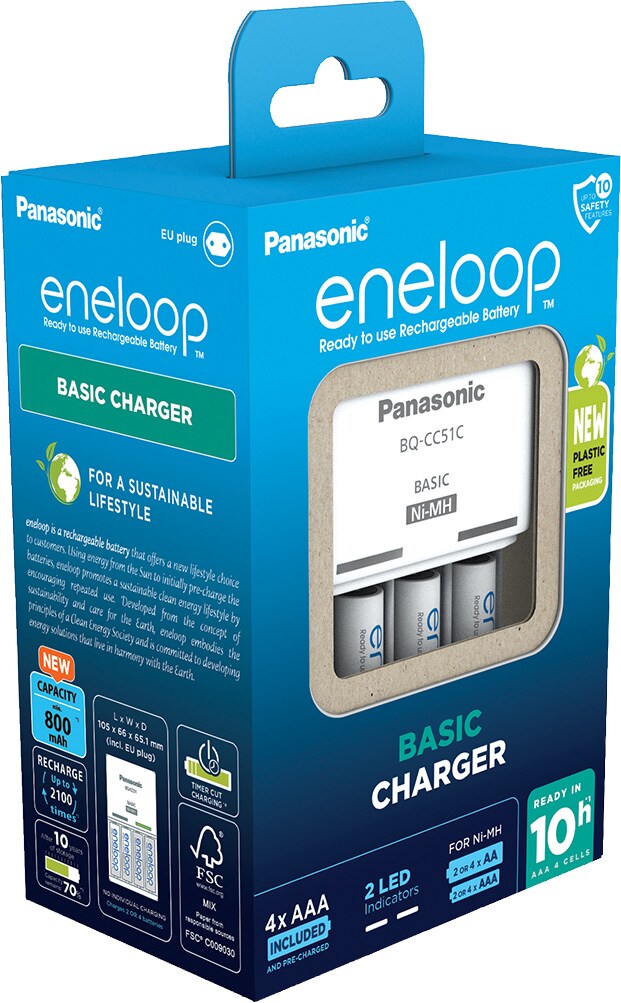 Eneloop Akku NiMH, Universal Ladegerät, Basic Charger inkl. Akkus, 4x Micro, AAA, 800mAh, Retail-Box Image