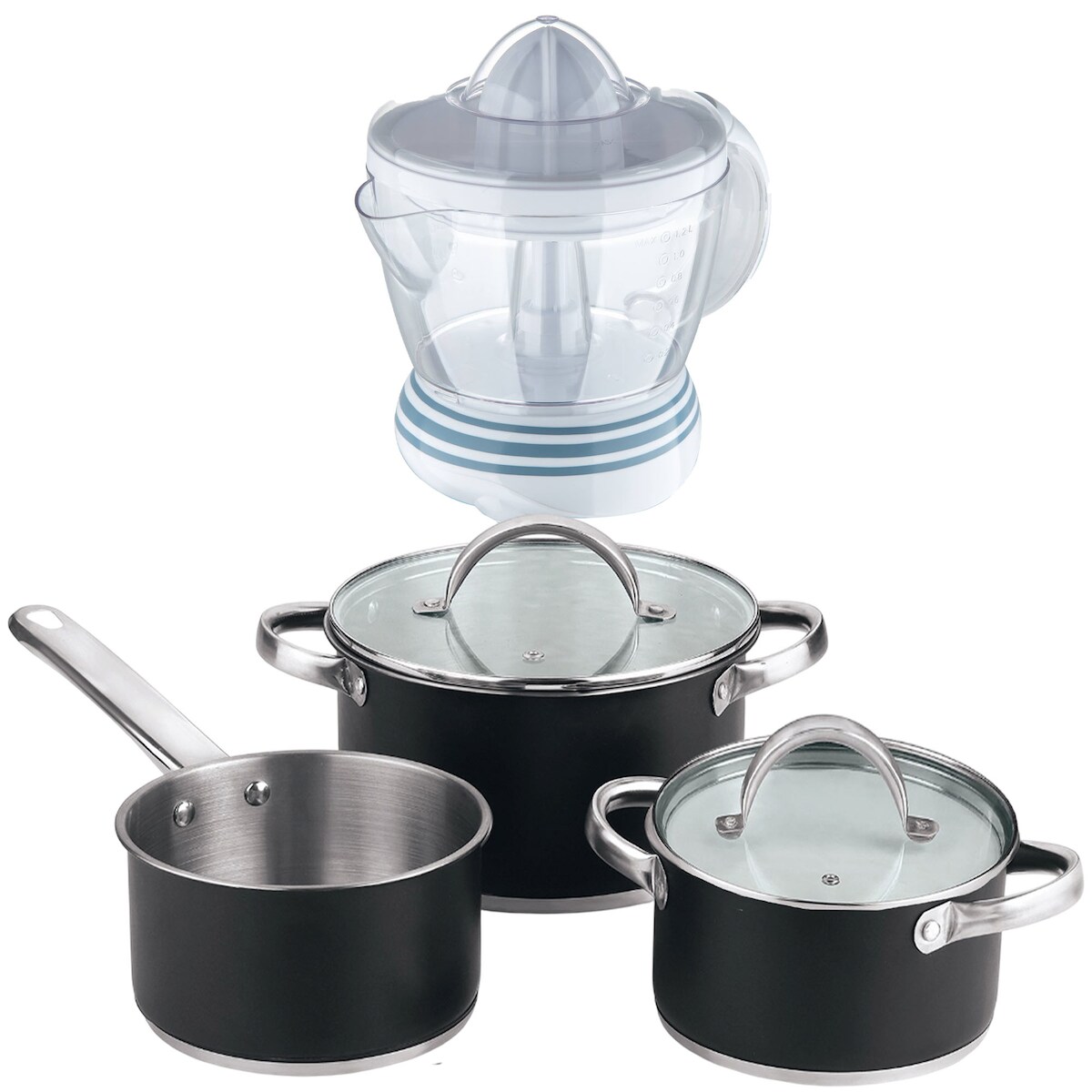 BERGNER - 5-teiliges Edelstahl-Kochgeschirrset (16/18/20cm), geeignet für Induktionsherde, mit NATURALLY 40W 1,2L Entsafter Image