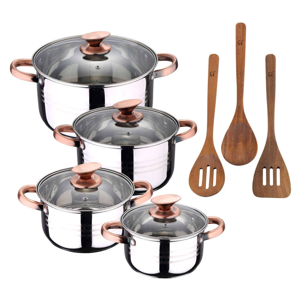 BERGNER - NONA 8-teiliges Kochgeschirr-Set (16/18/20/24cm) aus Edelstahl, induktionsgeeignet, mit 3-teiligem Küchenhelfer-Set aus Akazienholz Image