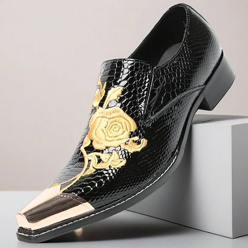 Schwarze Herren-Lacklederschuhe mit goldenen Blumenapplikationen, luxuriöser spitzer Zehenbereich, formelle Schuhe für festliche Anlässe Image