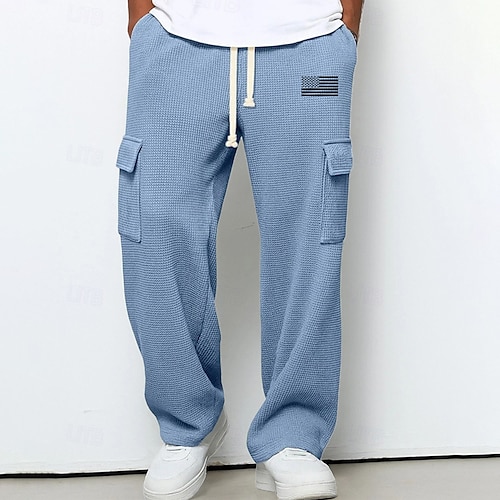 Herren Cargo-Jogginghose Jogginghose Hose Gerade geschnittene Sweatpants Waffelhose Kordelzug Tasche Elastischer Bund Amerikanische US-Flagge Komfort Weich Outdoor Lässig Täglich Mode Klassicher Stil Image
