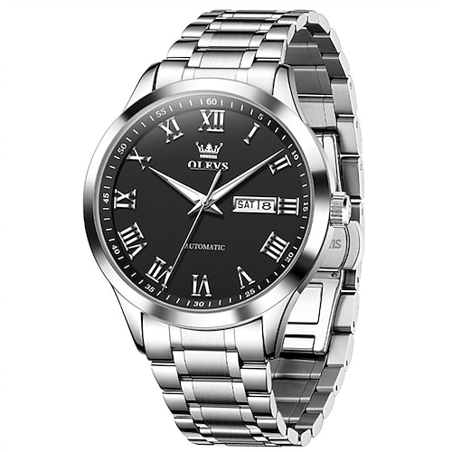 Die neue Olevs Herren-Businessuhr mit Edelstahlarmband, Leuchtzeigern, Kalender und Wochentagsanzeige, automatischem mechanischem Design, römischem Zifferblatt, schlichtem und modischem Design, Image