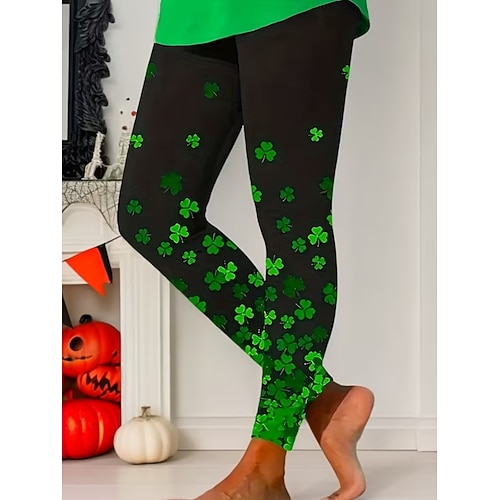 Leggings für Damen zum St. Patrick's Day – kuschelige Leggings für Urlaub und Freizeit, lange Hose mit hohem Bund, grafischem Kleeblattmuster, bequem, dehnbar, lässig, für Alltag und Frühling, Herbst und Freizeit, schmal geschnitten Image
