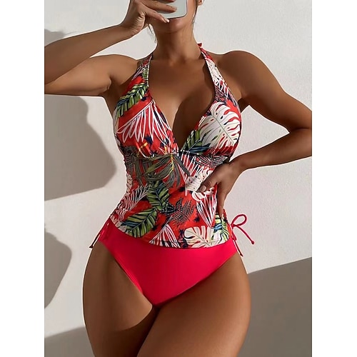 Damen Tankini 2 teiliges Badeanzug Rüschen Palm Cheeky Bauchkontrolle Hohe Taille Slim Rückenfrei Urlaub Strandbekleidung Floral Blätter Halter-Ausschnitt Ärmelloses Badeanzug Image