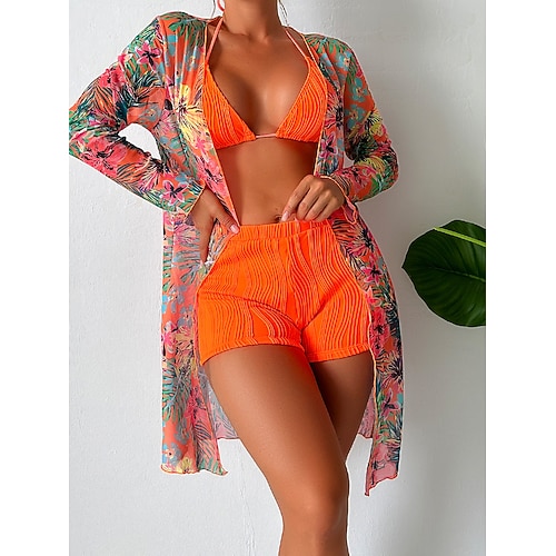 Damen Bikini 3-teilig Badeanzug Palm Shorts Bauchkontrolle Hohe Taille Slim Rückenfrei Urlaub Strandbekleidung Blumen Halterhals Ärmellose Bademode Image
