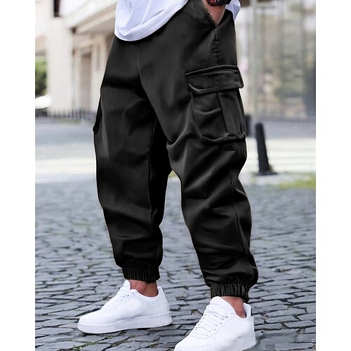 Herren Cargo-Jogginghose Jogginghose Hose Cordhose Kordelzug Tasche Elastischer Bund Einfach Komfort tragbar Outdoor Täglich Ferien Mode Klassicher Stil Schwarz Braun Unelastisch Image