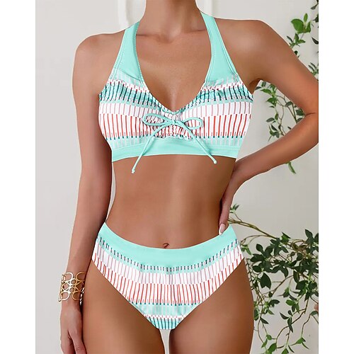 Damen Badeanzug Zweiteilig Freche Unterhose Bademode Rückenfrei Urlaub Strandbekleidung Blumen Neckholder Ärmellos Badeanzüge Image