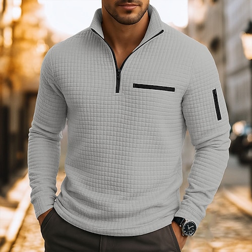 Herren Waffel-Poloshirts Textur Lässig Viertelreißverschluss Langarm Mode Bequem Farbblock Reißverschluss Tasche Herbst Frühling Herbst Normale Passform Weiß Schwarz Blau Hellblau Dunkelgrau Purpur Image
