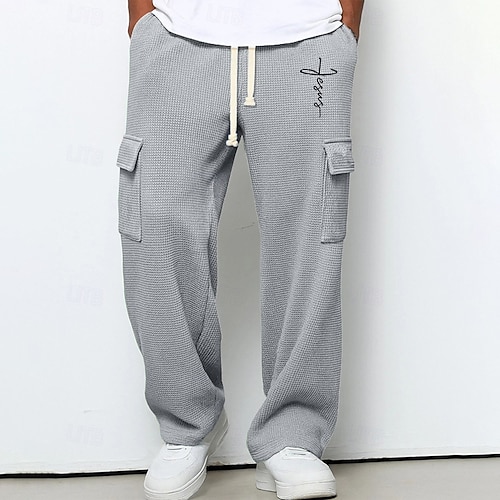 Herren Cargo-Jogginghose Jogginghose Hose Gerade geschnittene Sweatpants Waffelhose Kordelzug Tasche Elastischer Bund Kreuz Komfort Weich Outdoor Lässig Täglich Mode Klassicher Stil Dunkelbraun Image