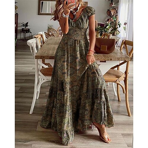 Damen Langes Kleid Maxikleid Freizeitkleid Druckkleid Elegant Mode Modern Täglich Outdoor Urlaub Normale Passform Blumen Grafik Kurzarm V Ausschnitt Blau Wein Purpur Braun Herbst Image