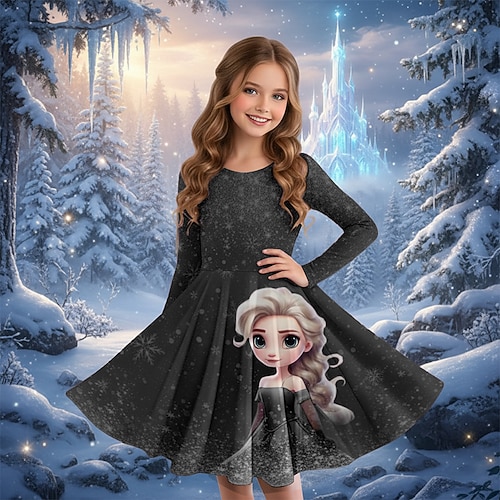 Mädchen' 3D Grafik Anime Kleid Langarm 3D-Druck Frühling Herbst Leistung Urlaub Party Lässig Prinzessin Schön Kinder 4-12 Jahre Freizeitkleid A Linie Kleid Knielang Normale Passform Image