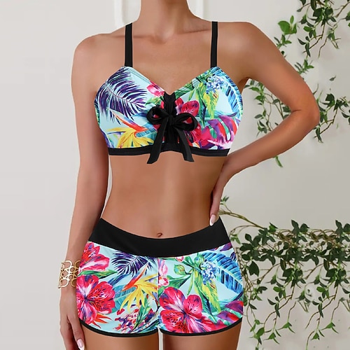 Damen Badeanzug Zweiteilig Slips Bademode Patchwork Rückenfrei Urlaub Strandbekleidung Blumen V Ausschnitt Ärmellos Badeanzüge Image