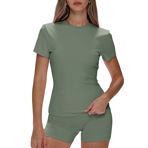 Damen Einteiliger Trainingsoverall Yoga-Strampler Einfarbig Kombination Sommer Frühling Schwarz Leicht Grün sportlich Sport Pilates Hohe Taille Bauchkontrolle Kurzarm Sport Sportkleidung Image