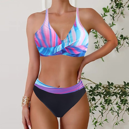 Damen Badeanzug Zweiteilig Freche Unterhose Bademode Rückenfrei Urlaub Strandbekleidung Batik V Ausschnitt Ärmellos Badeanzüge Image