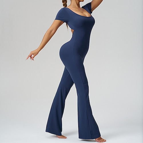 Damen Einteiliger Trainingsoverall Yoga-Strampler Einfarbig Bodysuit Frühling Herbst Schwarz Dunkelblau sportlich Sport Pilates Hohe Taille Bauchkontrolle Kurzarm Sport Sportkleidung Image