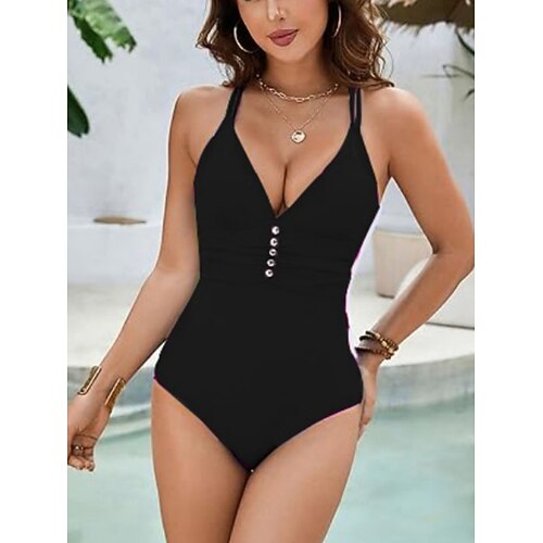 Damen Einteiler Badeanzug Schlankheits Monokini Bauchkontrolle Hohe Taille Schlank Rückenfrei Urlaub Strandbekleidung Einfarbiger V-Ausschnitt ärmellose Badeanzüge Image