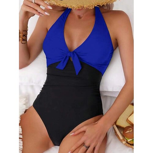 Damen Einteiler Badeanzug Schlankheits Farbblock Monokini Bauchkontrolle Hohe Taille Schlank Rückenfrei Urlaub Strandbekleidung Farbblock Halterhals ärmellose Badeanzüge Image